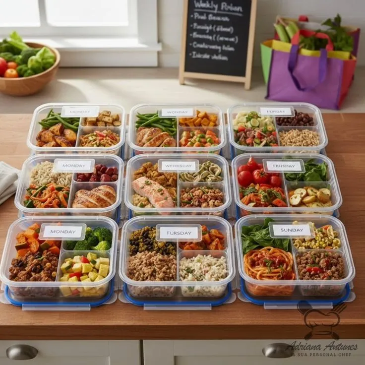 Organized weekly meal schedule with labeled containers